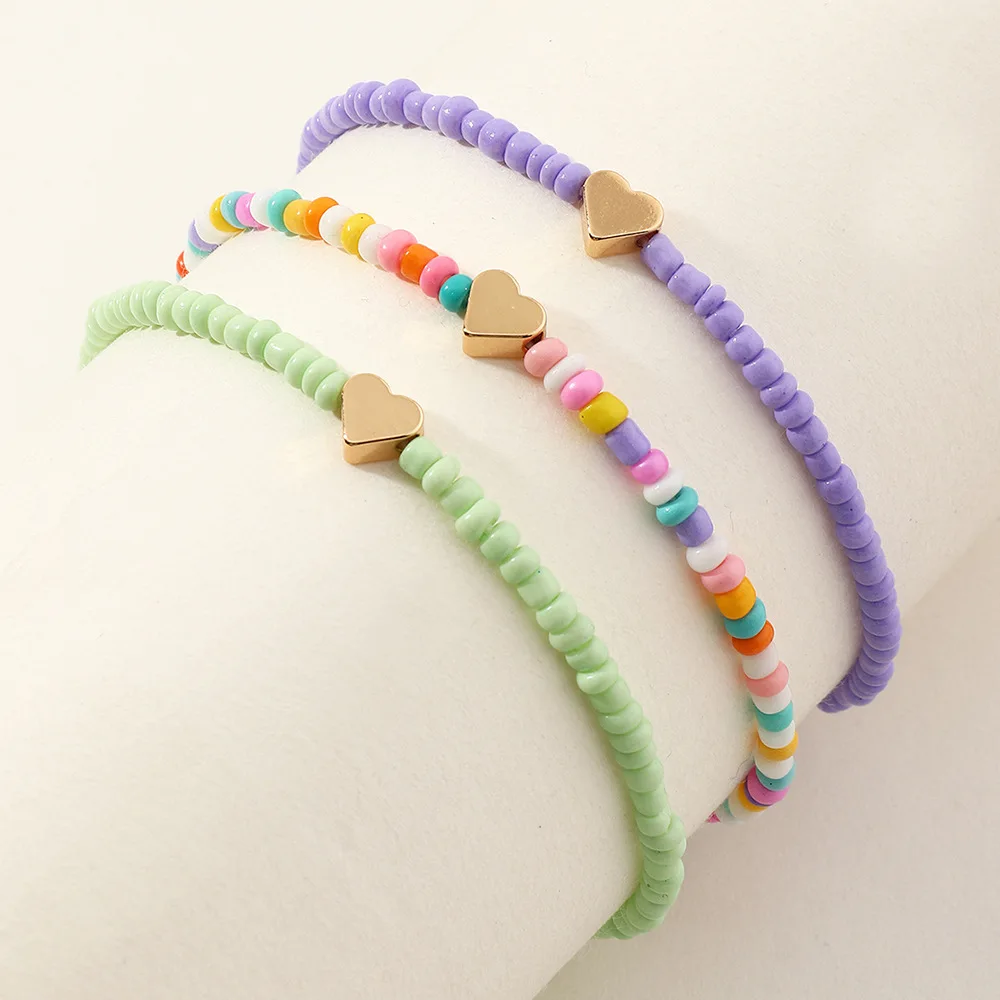 Beach Small Fresh Rice Bead Anklet Set Heart Colorful Bohemian Boho Jewelry Foot