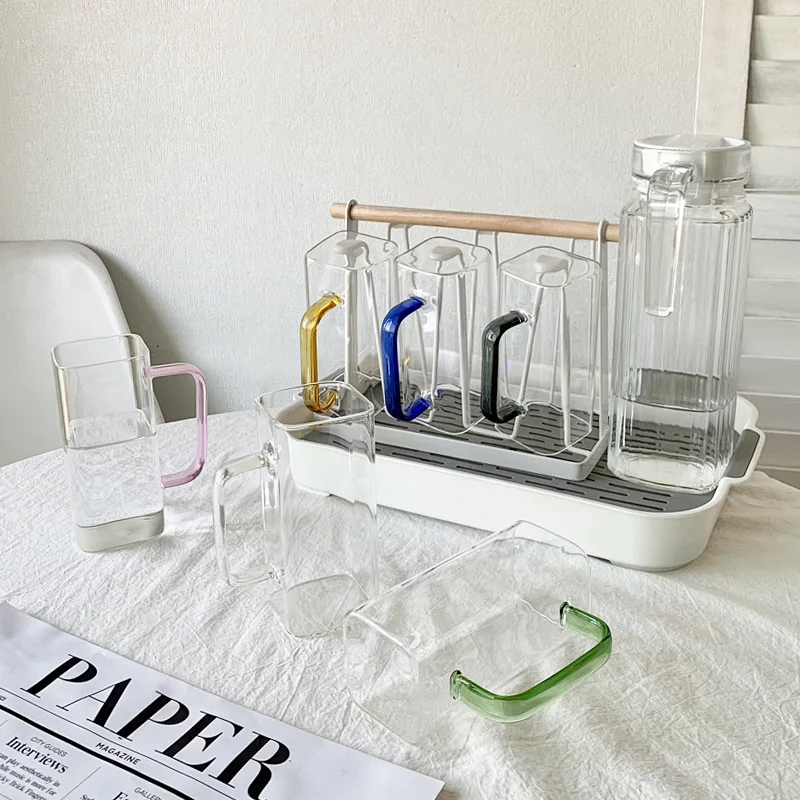 High Borosilicate Square Glass With Colored Handle Clear Pyrex Glass Coffee Cup Set