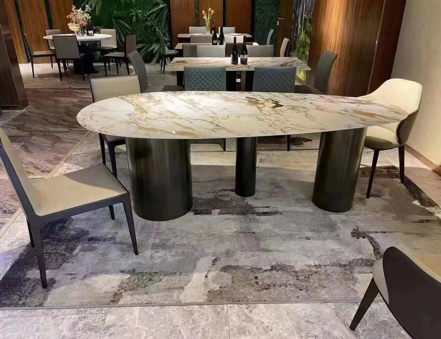 modern golden mirror stainless steel base marble top dining table restaurant furniture dining table set foshan