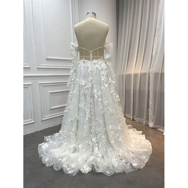 Оптовая продажа новый тренд дизайнерский 3D Цветочный Глубокий V-образный корсет свадебное платье женское кружевное со стразами и съемным рукавом