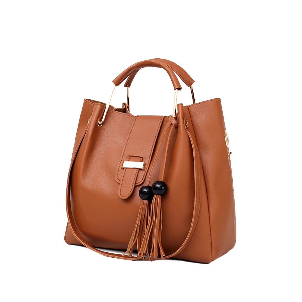 New female bag solid color fashion bead tassel bag three-piece set of large capacity hand bill shoulder bag