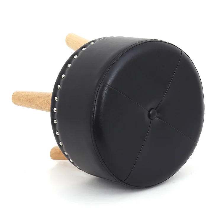 Customized black faux leather round stool ottoman with wooden legs for living room