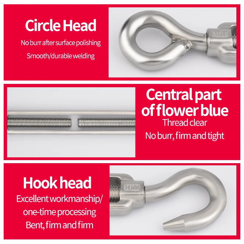 Heavy Duty 304 Stainless Steel Turnbuckle M4 - M20 Turnbuckles Eye and Hook  for Wire Rope Tensioning 4mm 10mm 12mm
