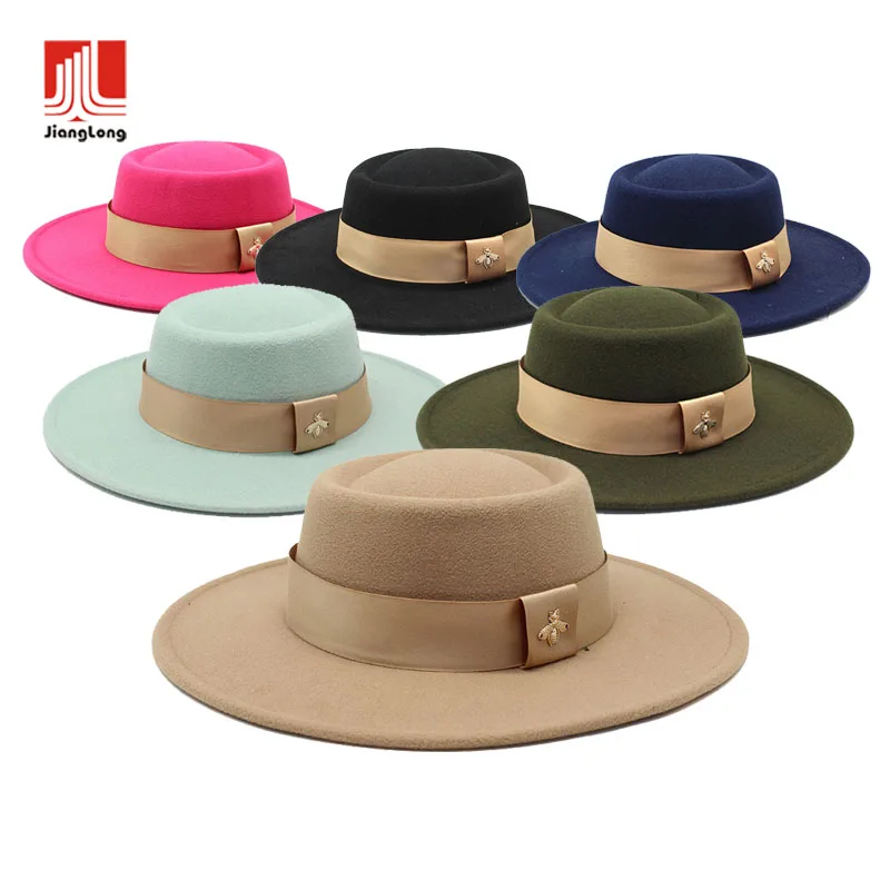 Шляпа с широкими полями для мужчин и женщин, однотонная фетровая Федора с пчелиной лентой, из высококачественной шерсти