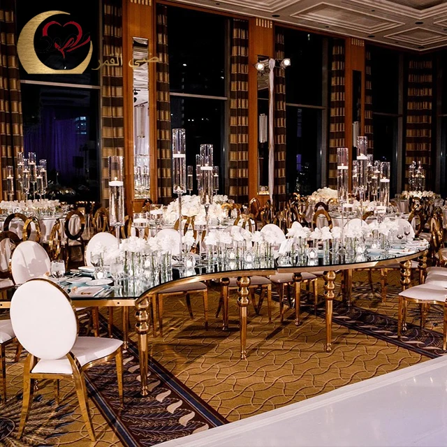 Luxury wedding furniture mirror glass serpentine catering table banquet