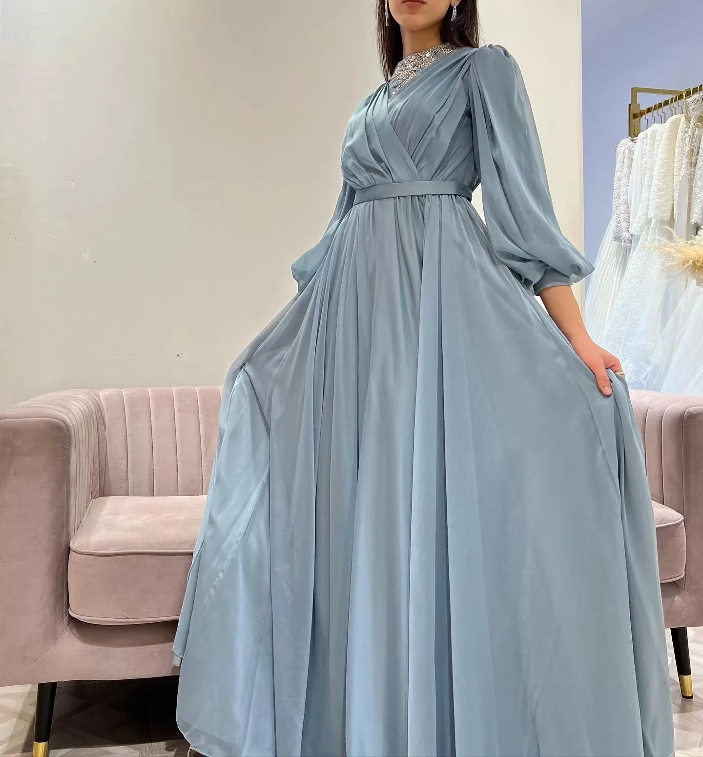 Chiffon Muslim Abayas Dress Dubai Turkish Evening Party Dresses Modest Abaya Sibote Waist Belt For Muslim Women Lantern Sleeves