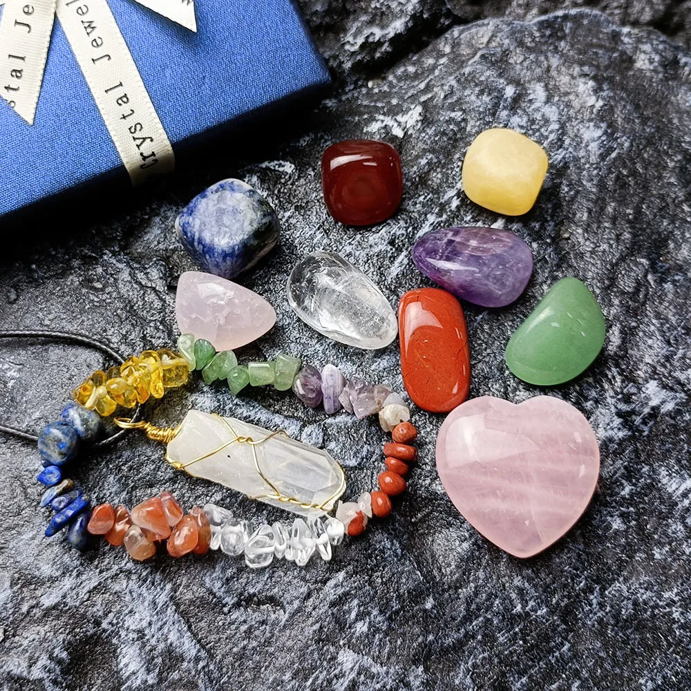 Gift Box Natural Crystal Jade  7 Chakra Stones Combination Set Rose Quartz Crystal Love Hexagonal prism Pendant