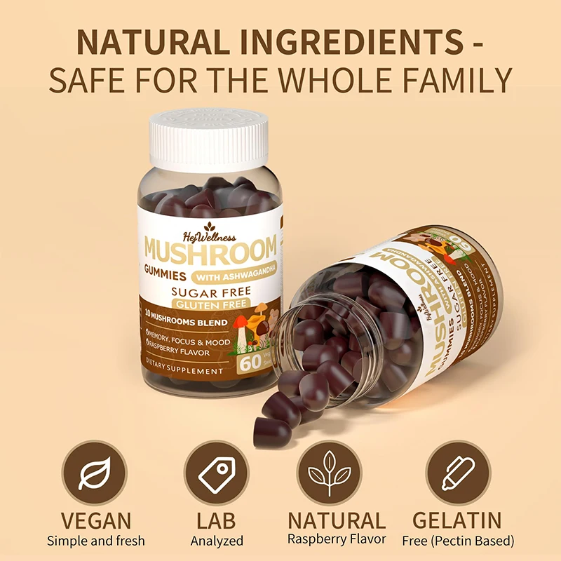 Private Label Oem Mushroom Gummies 10X Complex Mushroom Supplement Lions Mane Gummies With Ashwagandha