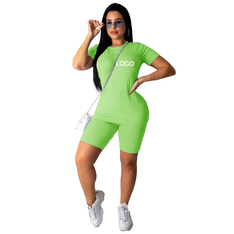 Summer Women Clothing Custom Logo Solid Color Short Sleeve Tee Shorts Set Sportswear Women Two Piece Set
