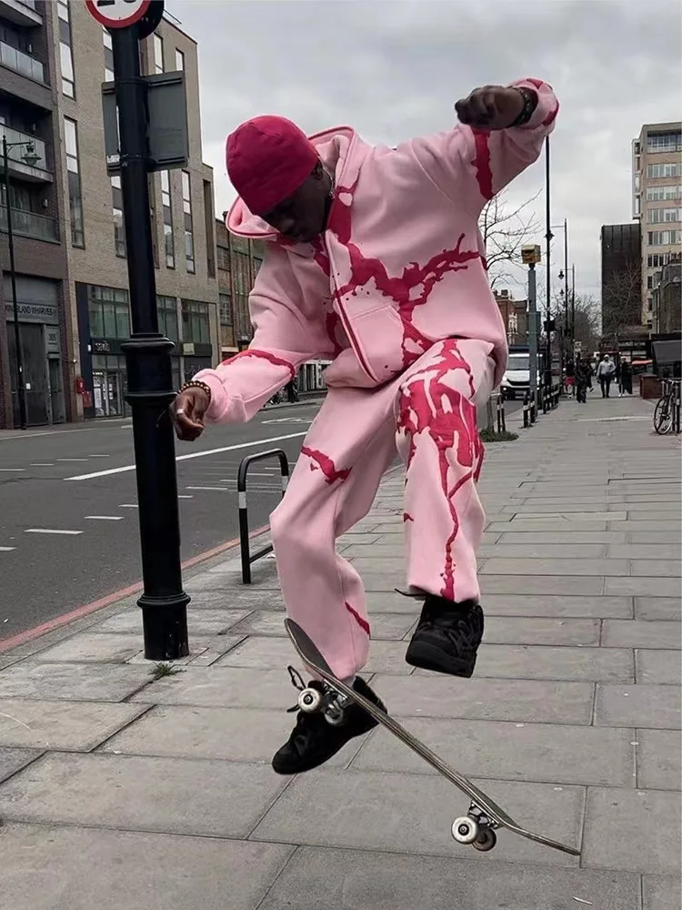 Fashion Streetwear Puff Printing Hoodie Pants Hip Hop Zipper Jacket Sweats Tracksuit Stacked Flared Mens Two Pieces Jogger Set