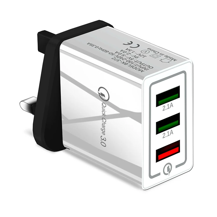 2020 New QC3.0 3-Port USB Wall Charger Plug UK Travel Adapter for iPhone Samsung