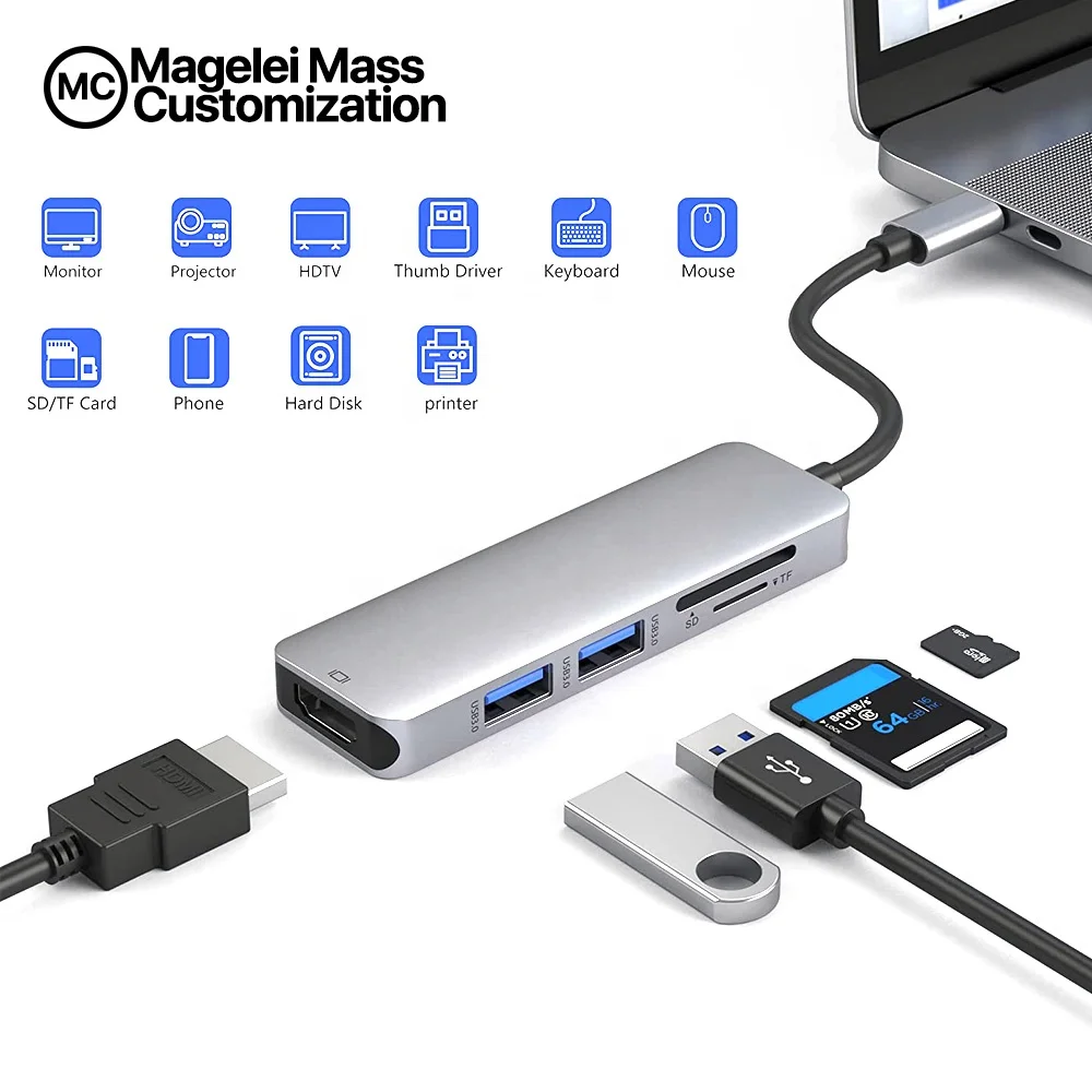 Universal 5 In 1 USB-C Hub Type C To HDMI 2xUSB3.0 SD/TF Converter USB C Hub Docking Station Compatible For Mac book/Mobile