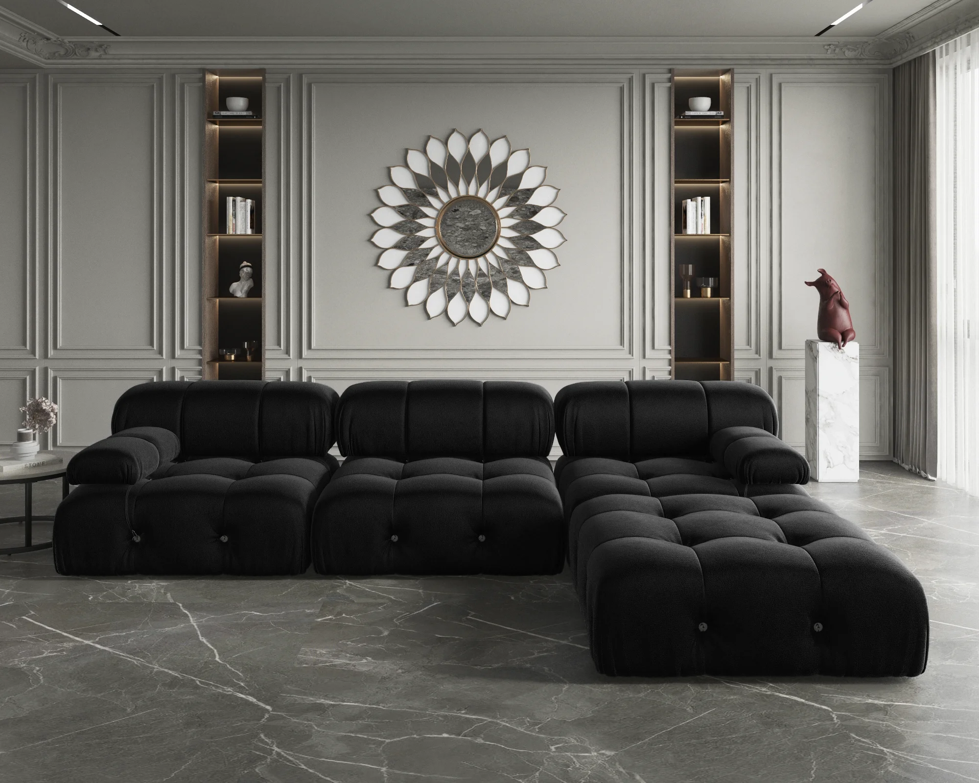 ATUNUS Wabi Sabi Furniture Black Velvet Modular Sectional Sofa Set Living Room Nordic Designer U Shape Couch With Ottoman