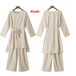 Women Spring indonesia Muslim clothing Casual belted ethnic Top Long Robe with Pant Two Piece Elegant Outfit Set