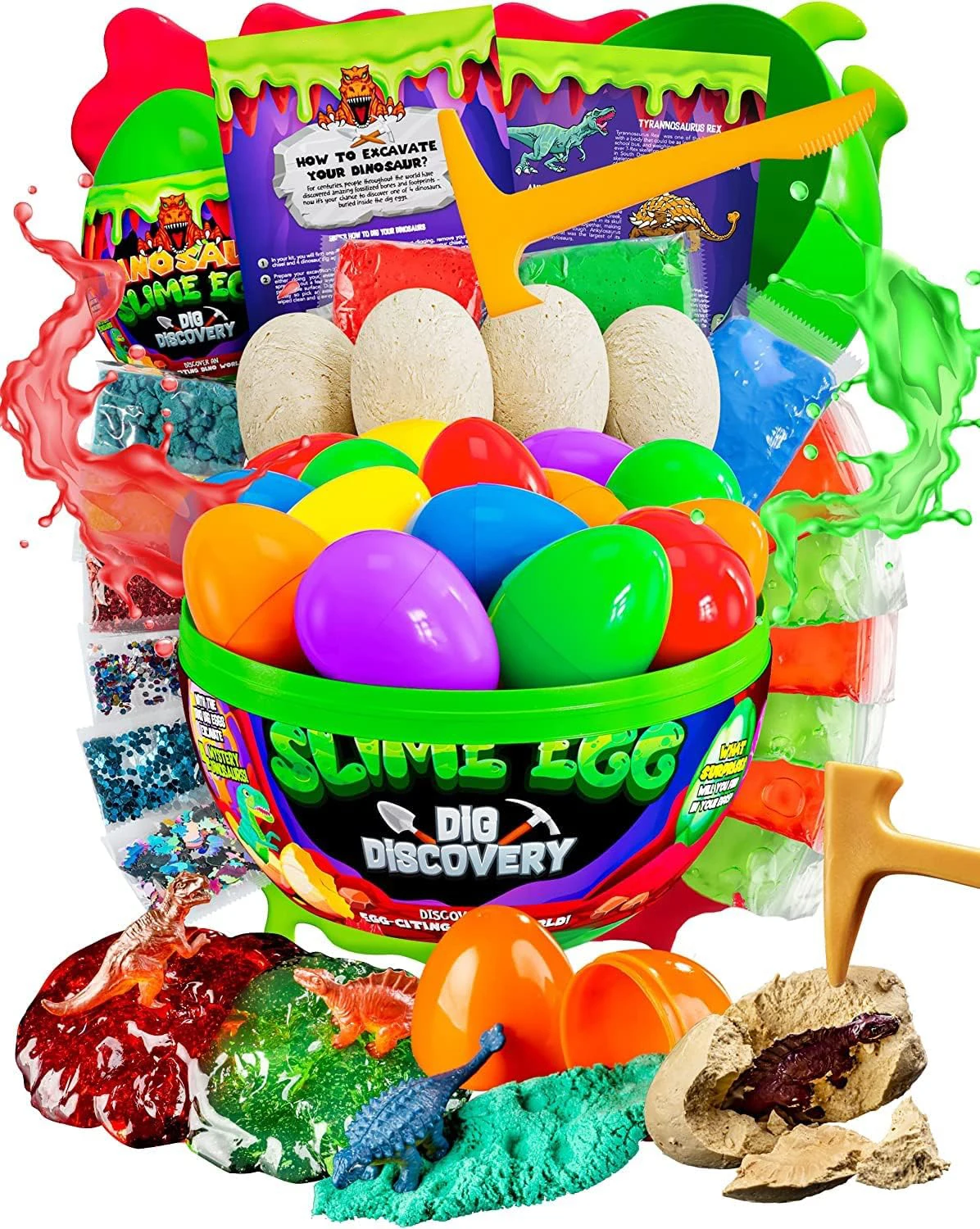 Dinosaur Slime Egg Dig Discovery, Dino Eggs Dig Kit with 6 Premade Dino Dig Eggs Slime