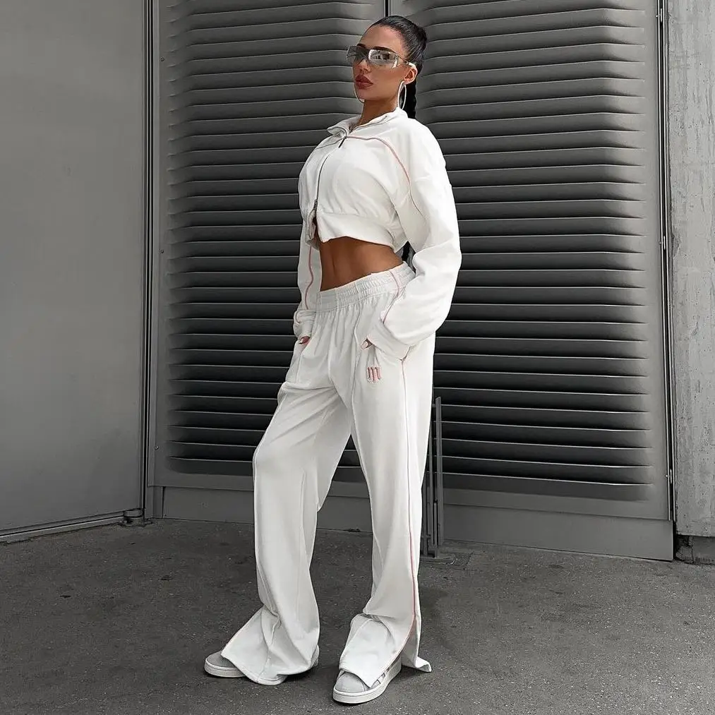 Customize Spring Casual Solid Long Sleeve Split Sweatpants Tracksuit Black Ladies Cropped Top Zipper Hoodie Set Woman Embroidery