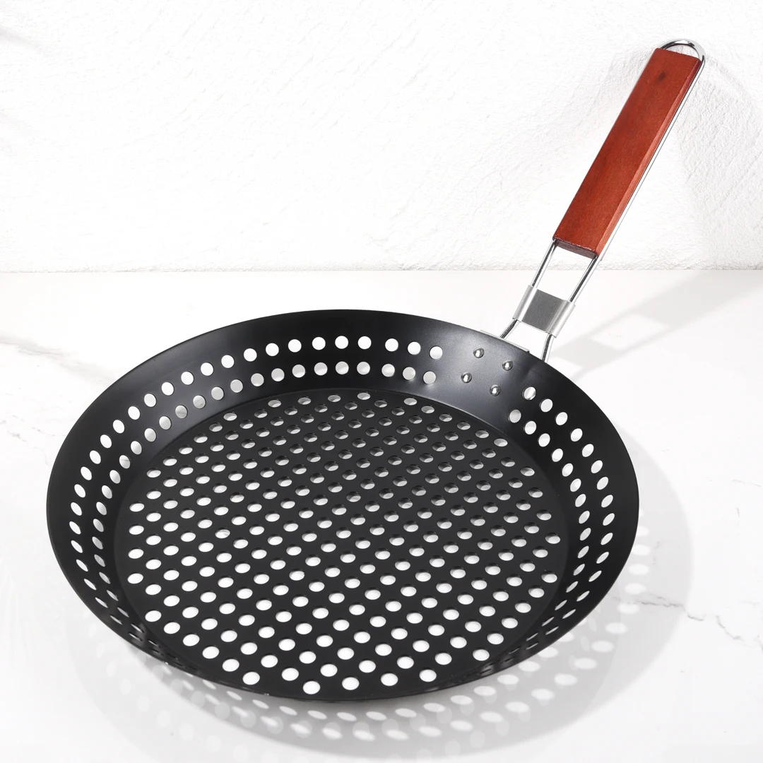 30cm With Folding Wood Handle Carbon Steel BBQ Nonstick Grill Basket Topper