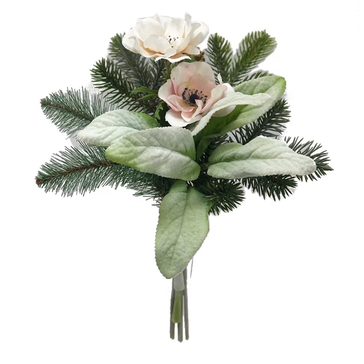 China Supplier Artificial Flower Decoration 34cm Poppy Pine Lvs Spray Bundle Wedding Bouquet  For Wedding Christmas Xmas