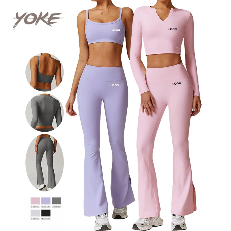 YK Sports Bra Leggings Workout Suits 2024 New Fashion Slim Fit Long Sleeve V Neck Yoga Ribbed Sets Fitness Women