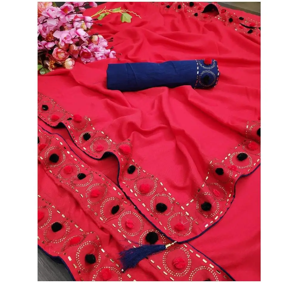 Pom Diamond Work Saree with Blouse Piece Indian Women Wear Festival Sari Cheap Low Price Wholesale Manufacturing Surat Alphanumero