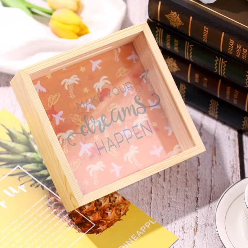 Adults Coin Cash Money Saving Box Decorative Shadow Box Wooden Frame Piggy Bank Glass Natural Windows for Kids with Transparent