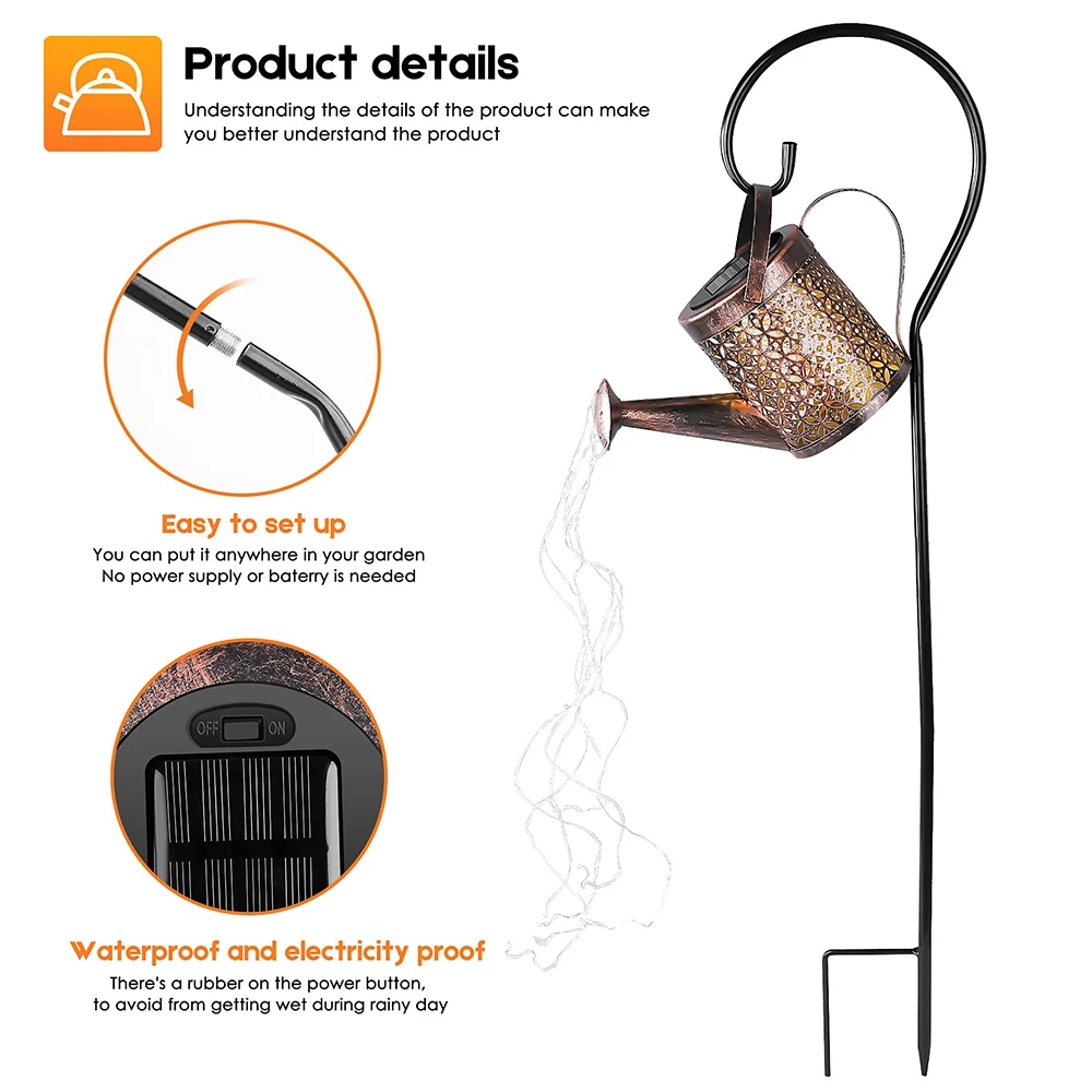 Hanging Kettle Lantern Waterproof Garden Decor Metal Retro Lamp for Outdoor Table Patio Lawn Yard Solar Watering Can Light