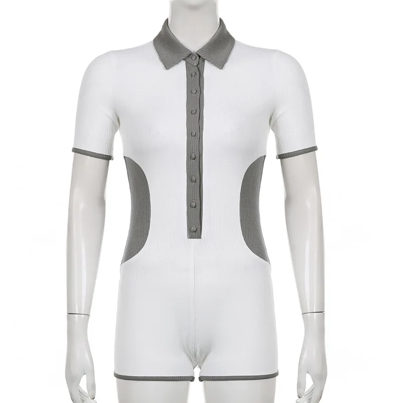 Simple Type Bibbed Bodycon Jumpsuit With Short Sleeves Polo Collar One Piece Shorts Jumpsuit