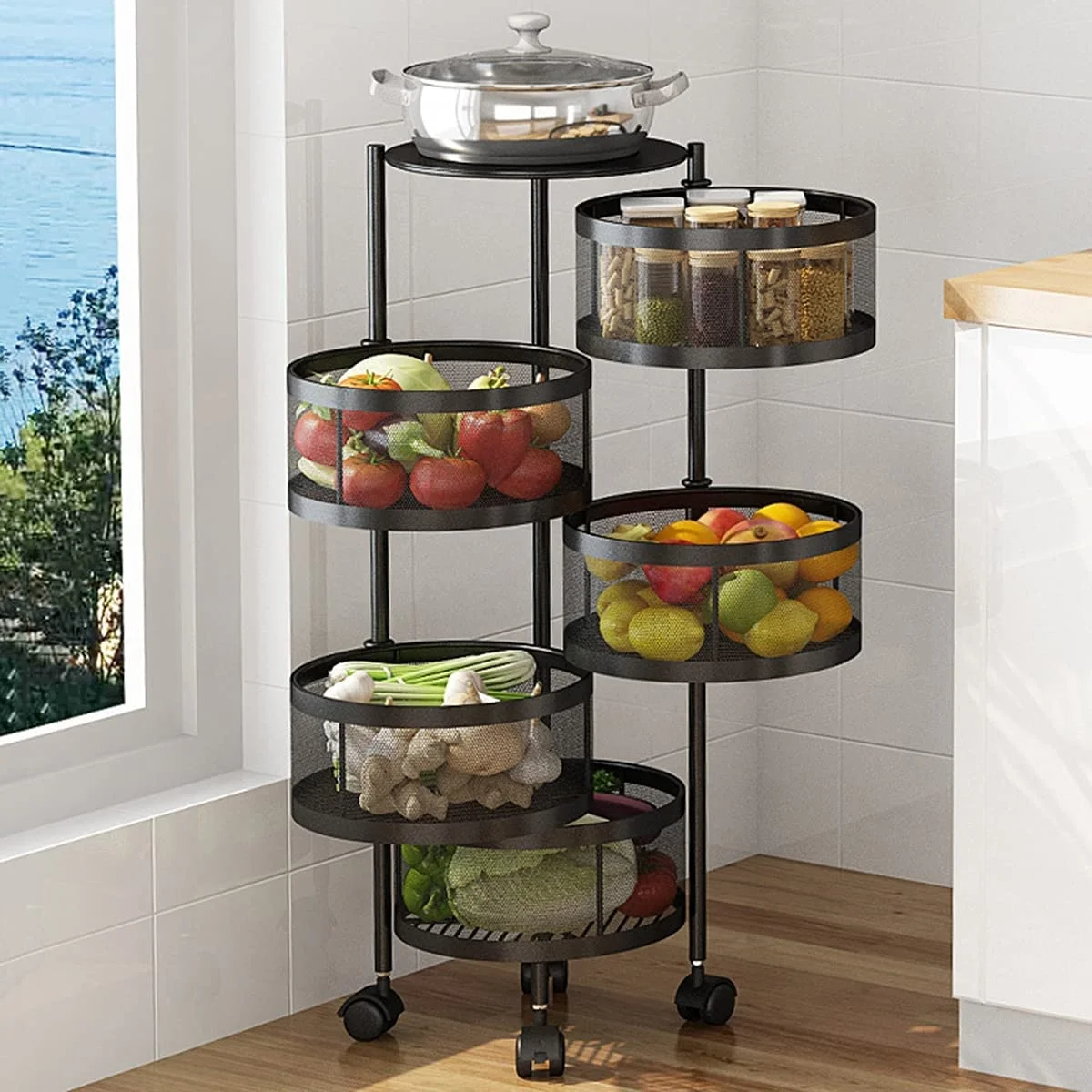 Folding Kitchen Organizer Mesh Storage Fruit And Vegetable Rack Storage Roll Cart Foldable Bench Press With Racks