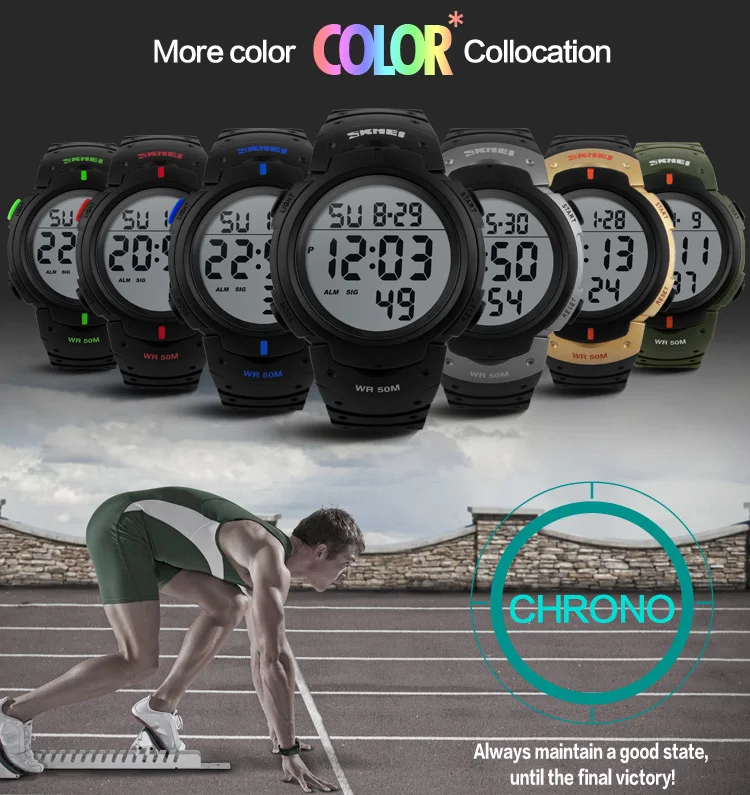 High Quality Watches SKMEI 1068  Big Dial Chronograph Rubber Strap Wrist Watches Diving 5Bar Waterproof Digital Watch