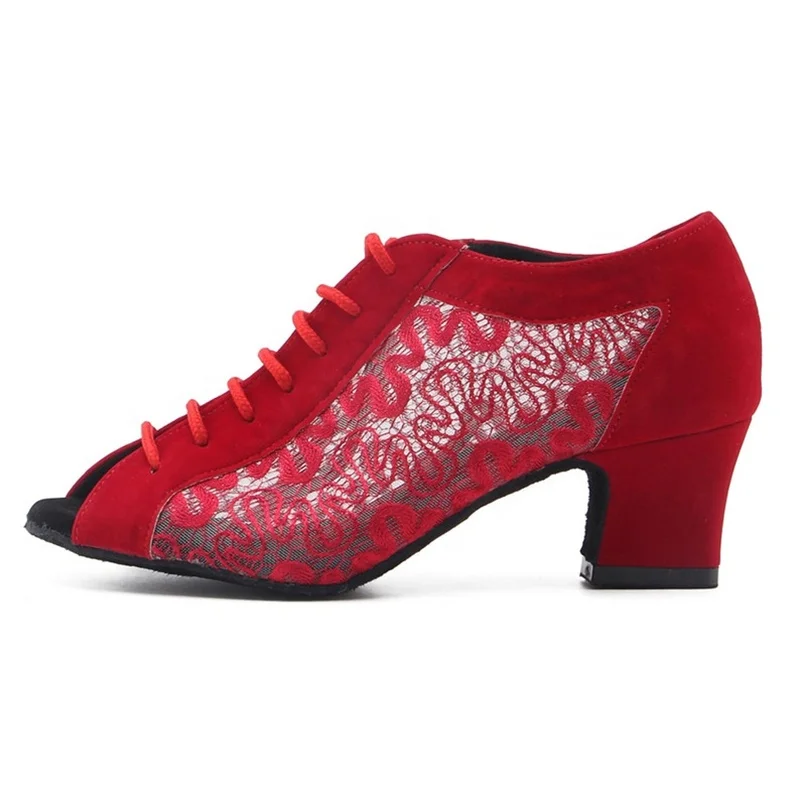 Red Color Women Ballroom Dance Shoes 4.5cm Heel Dragon Lace Suede Sole Teacher Student Practice Latin Salsa