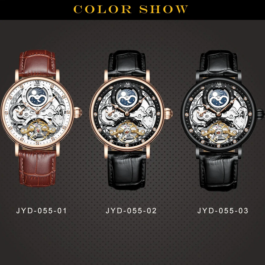 KINYUED Skeleton Watches Mechanical Automatic Watch Men Sport Clock Casual Business Moon Wrist Watch J055