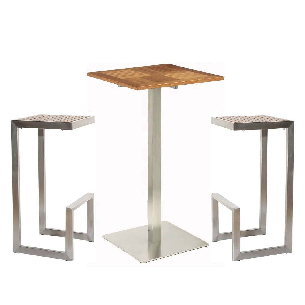 Stainless Steel Frame Teak Wood Top Modern Design Modern Outdoor Garden Park Patio Yard Teak Wood Stackable High Stool bar Table
