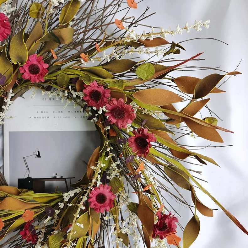 Autumn red daisy flowers wild flower wreath handcrafts wedding decoration faux daisy flower wreath