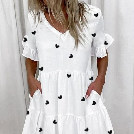 Fashion short print flounce pocket dress woman Casual dress