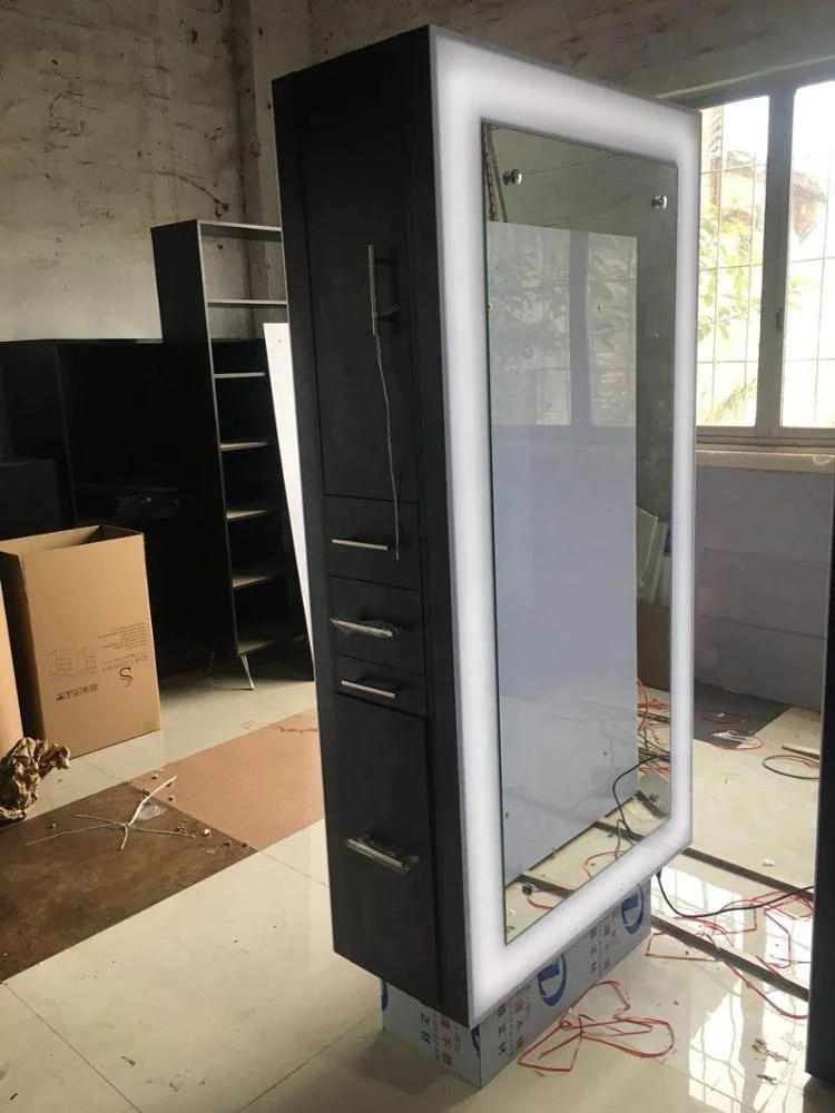 Двусторонняя светодиодная зеркальная станция для парикмахерской с подсветкой и ящиками