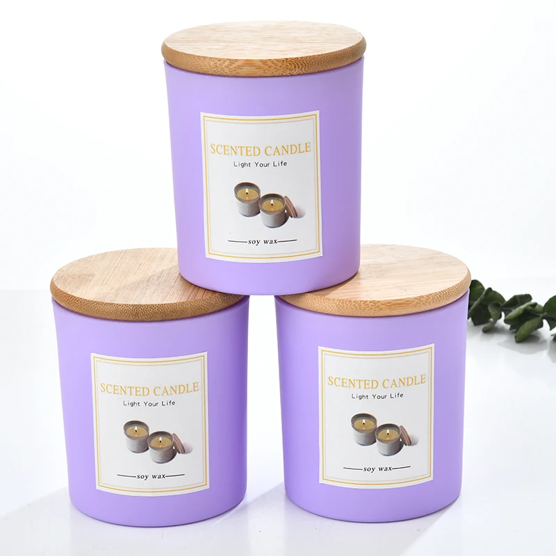 Factory Supply 8oz 10oz Purple Lavender Color Glass Candle Jars Frosted Candle Containers With Wooden Lids
