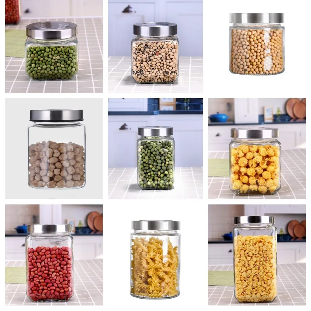Airtight Glass Storage Containers Set/ 4 Square Glass Kitchen Canisters with Stainless Steel Lids/ Modern Kitchen Storage