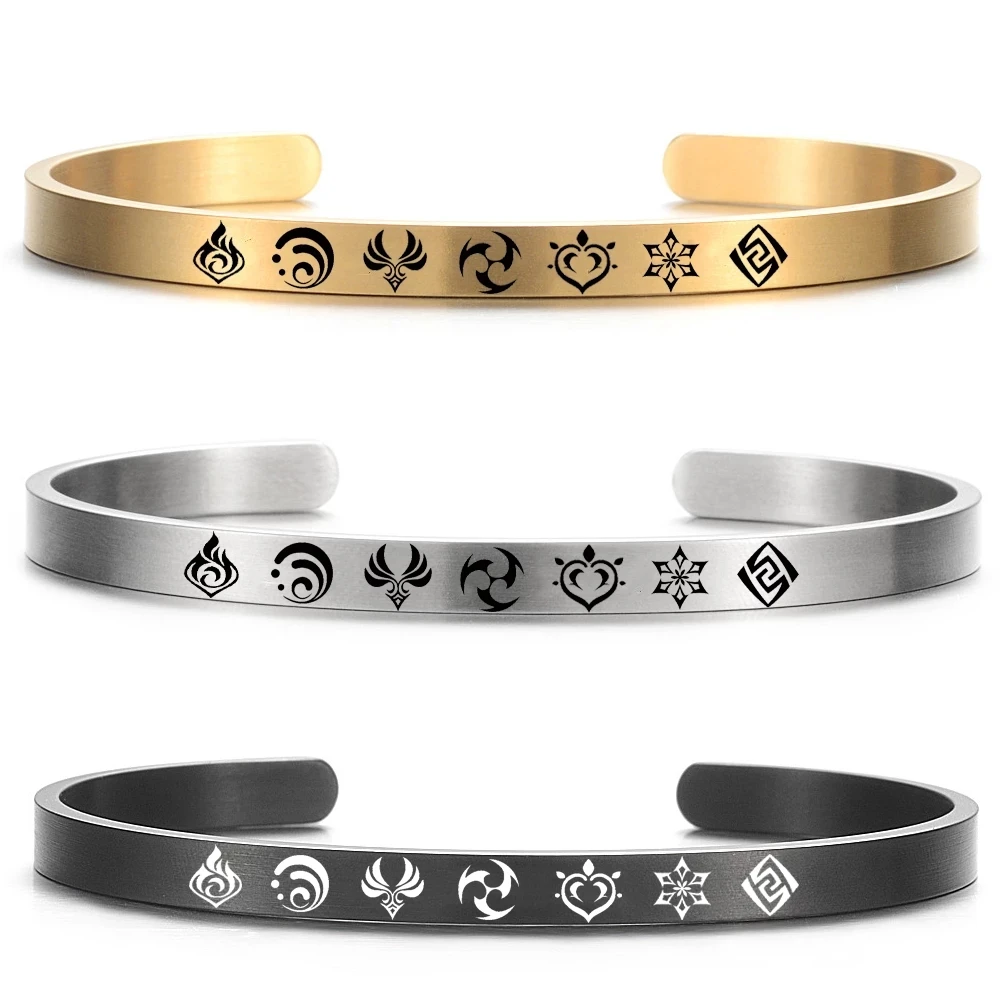 Game Genshin Impact Bracelets Women Men Engraved 7 Elemants Signs Stainless Steel Cuffs Original Jewelry Anime Accessories Gifts