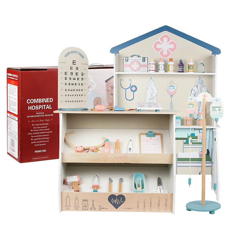 New Wooden kids medical kit New Item 2 IN 1 Receiver Bag Set Kids Backpack Hospital Kit Doctor Wood Set Toy