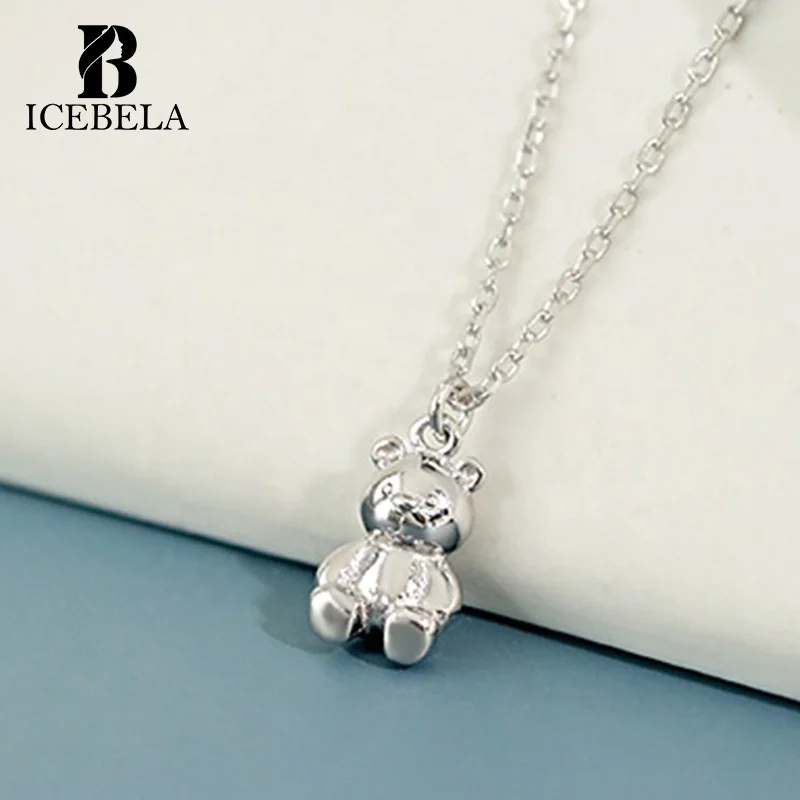 ICEBELA Fine Jewelry Women Wholesale 925 Sterling Silver Love Teddy Bear Charm Pendant Necklaces Gift for Girls