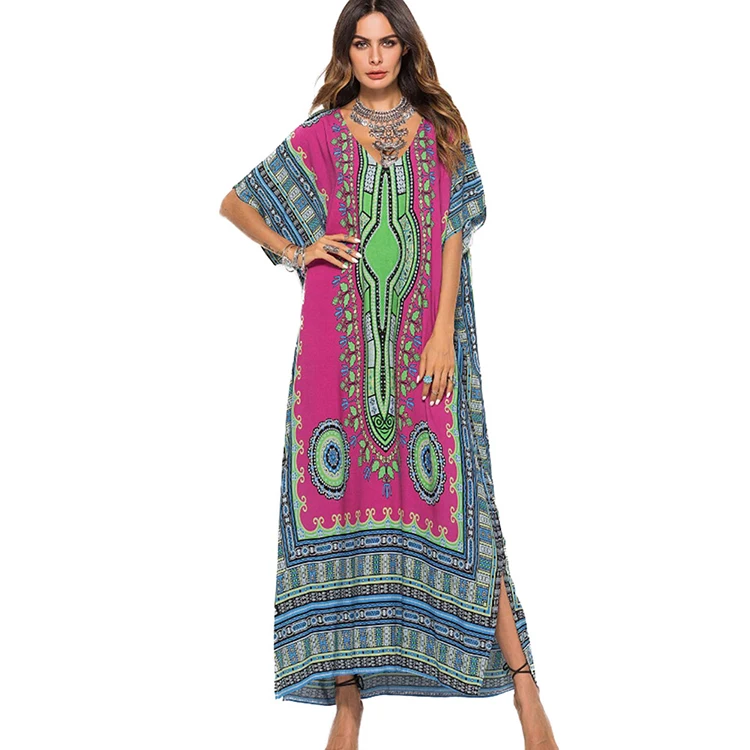 
Rose Red Tribal Printed Maxi Dresses Summer Plunging Neck For Streetshots 