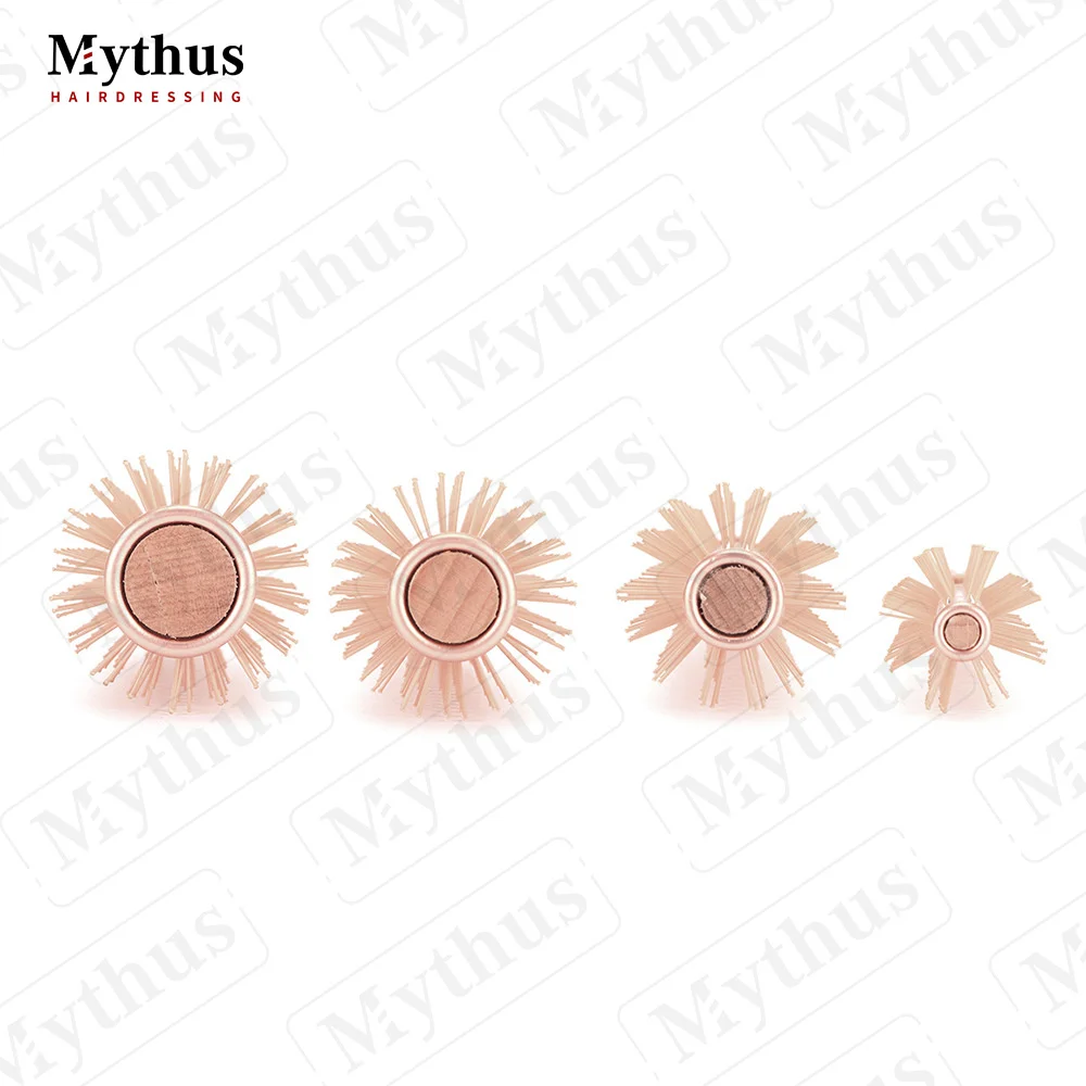 Korea Style Luxury Rose Gold Long Aluminum Barrel Heat Resistant Nylon Bristle Wooden Tail Handle Round Comb Curling Hair Brush