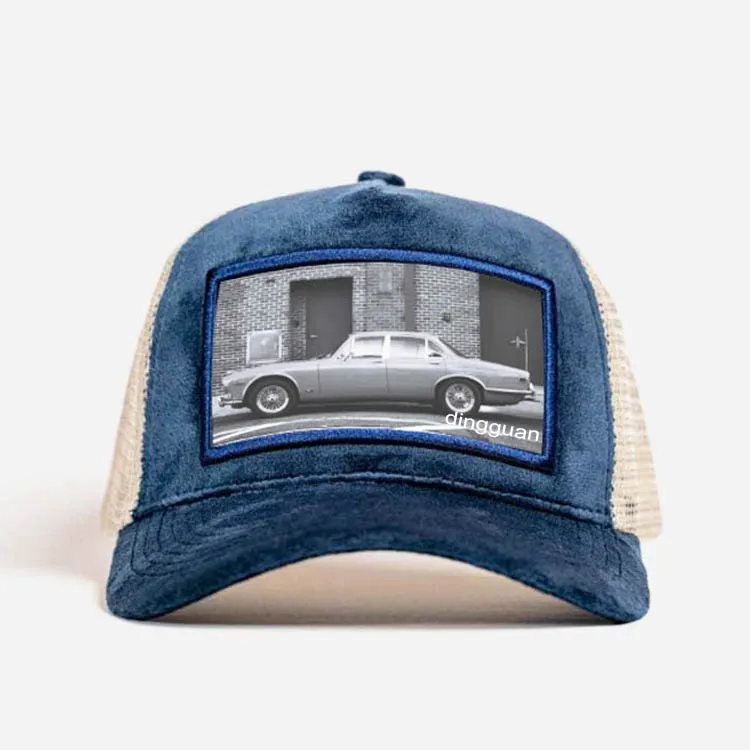 Navy blue 5 panel curved brim custom 3d puff embroidery photo print velvet mesh trucker hat with patch