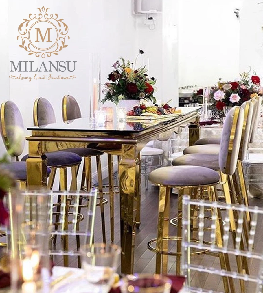 Золотой металлический круглый стол для коктейлей Highboy с барными стульями