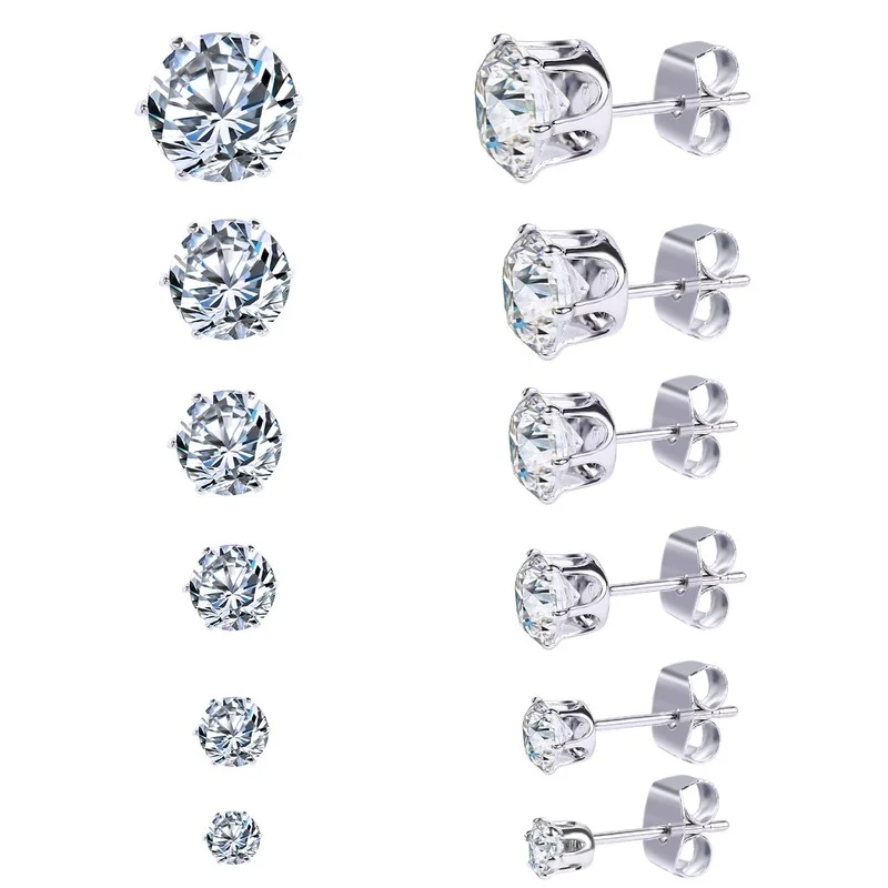 
Ear Studs Set Stainless Steel Simple Combination 6 Pairs Round Zircon 