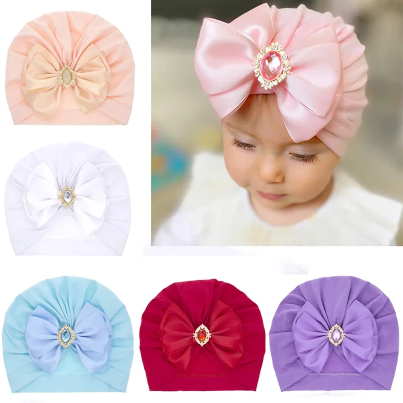 Baby Nylon Big Bow Turban Hats India Beanie Bohemia Donuts  Girls Headwear Bun Knot Baby Hatss Big Bow Turban