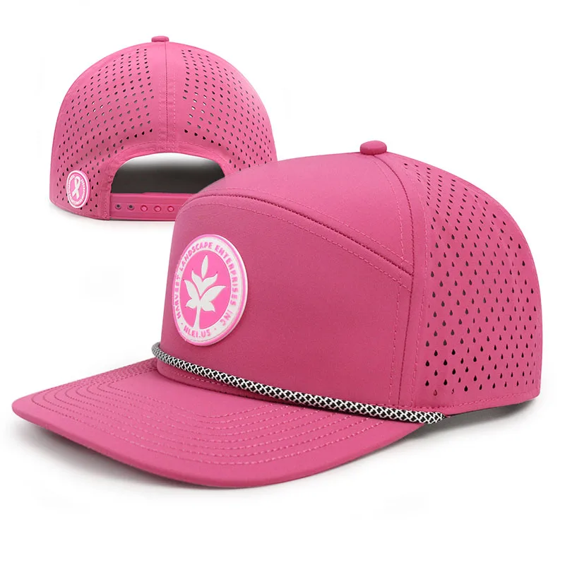 Hydro 6 panel hip hop polyester athletic mesh snapback cap hat nylon flat bill waterproof performance pvc patch perforated hat