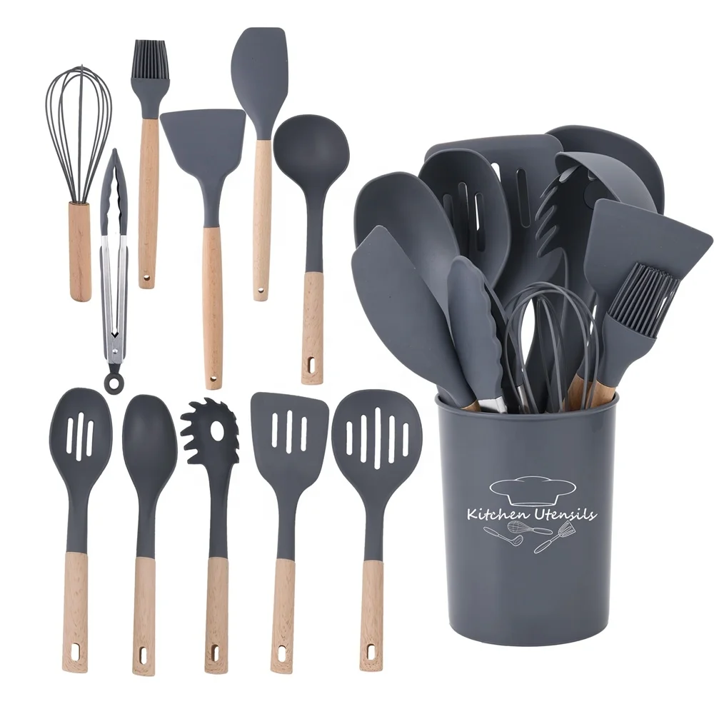 Eco-friendly hot selling 12pcs silicon kitchen utensil set with bucket cooking utensil with wood handle