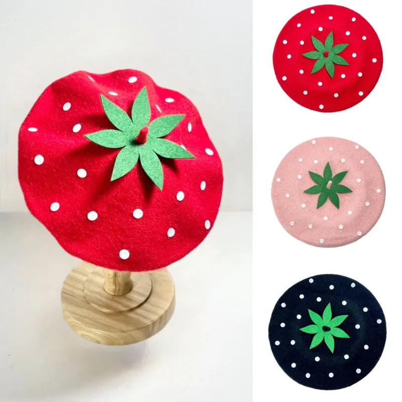 Cute Strawberry Winter Wool Beret Hat Classic French Artist Beanies Cap for Women Girl