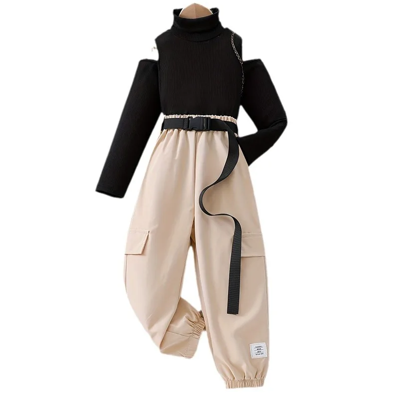 2024 Spring Autumn Children Sports Suits Solid Color Long Sleeve Turtleneck Sweater Cargo Pants 2pcs Clothes For Teenage Girls